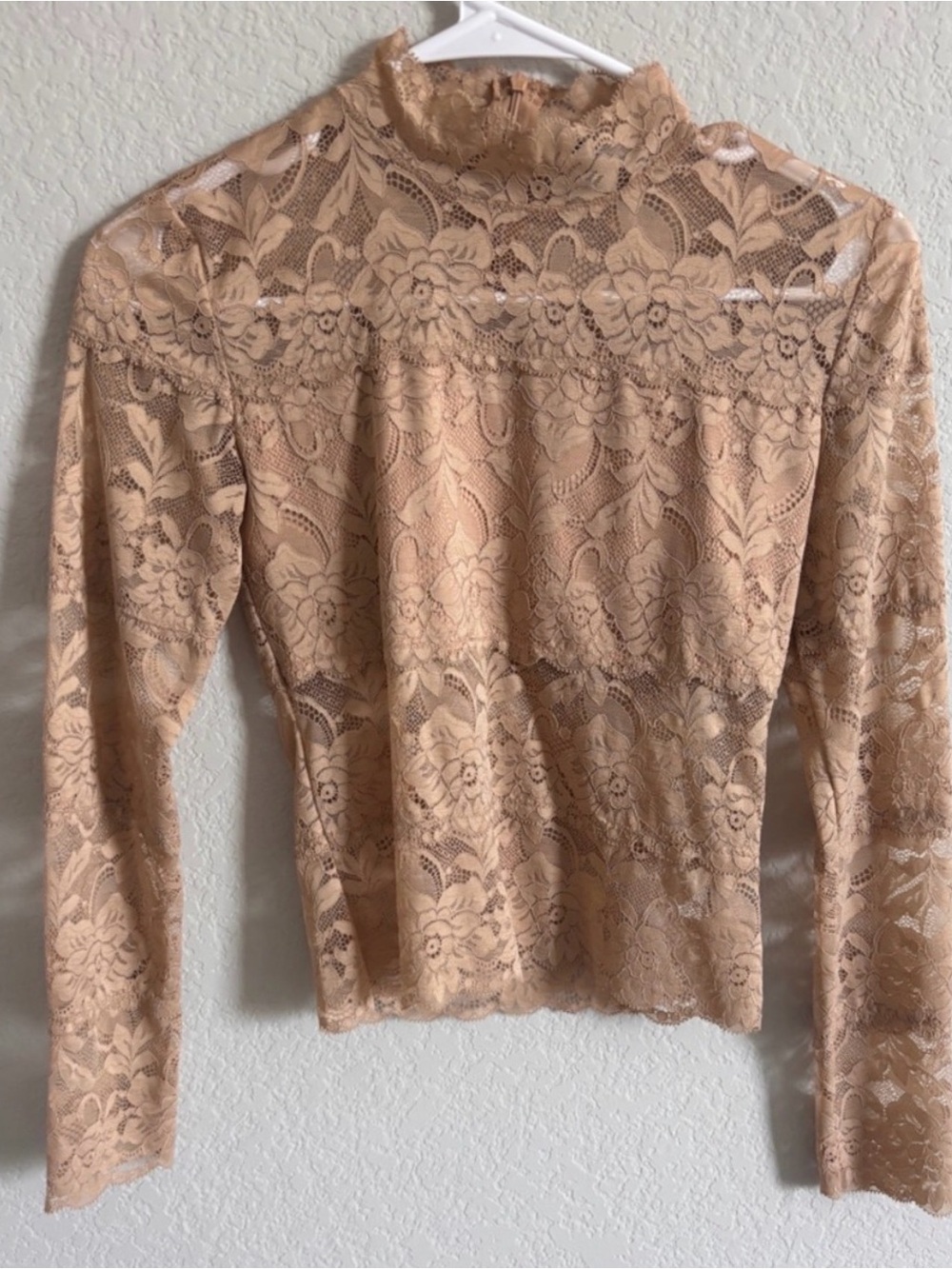 Fashion Nova Lace Long-Sleeve Top in Nude